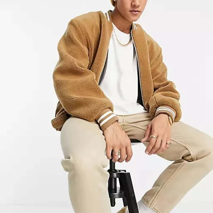 Hot selling custom logo unisex zipper up blank plain vintage bomber jacket casual plus size sherpa fleece jacket for men