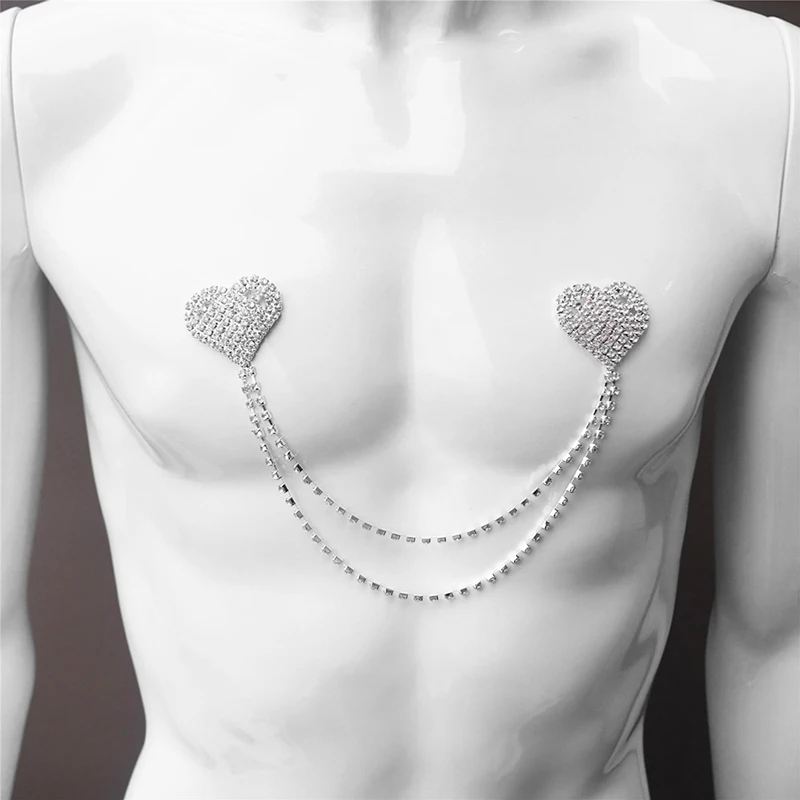 Rhinestone Glitter Love Heart Chest Stickers Necklace Rhinestone Chain Chest Nipple Cover Sexy