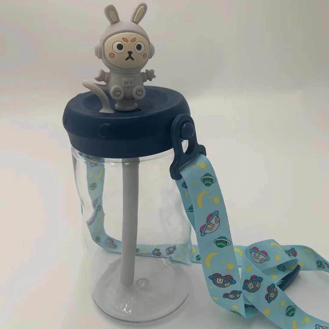 Portable Bpa Free Children Plastic Water Bottles with Straw Sports Silicone Cartoon Rabbit Tritan Kids Water Bottle with Strap