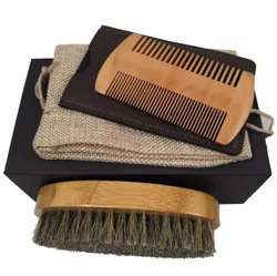 oumo hot sell private label boar bristle hair brush wood comb beard brush kit with gift package