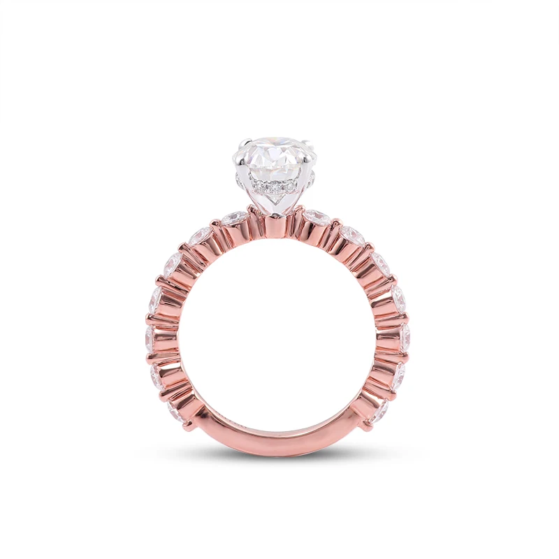Half eternity 2.5mm bubble band 2.5ct D color oval brilliant cut moissanite engagement ring with hidden halo