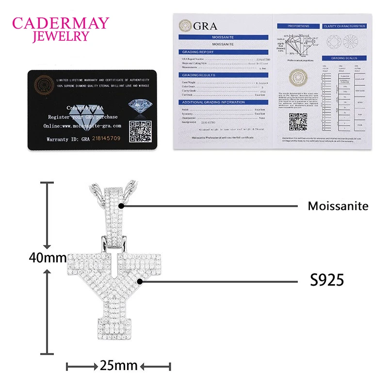 A to Z S925 Letter  Round  Moissanite D VVS  Ice Out Hiphop Pendant Pass Diamond Tester  Moissanite Pendant Necklace