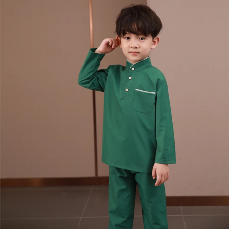 High Quality Abaya Solid Color Set Islamic kids muslim children boy Baju Melayu clothing
