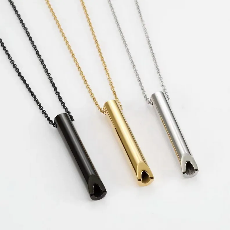 Hot selling stainless steel whistle pendant with engraved words to relieve anxiety. Stainless steel pendant necklace