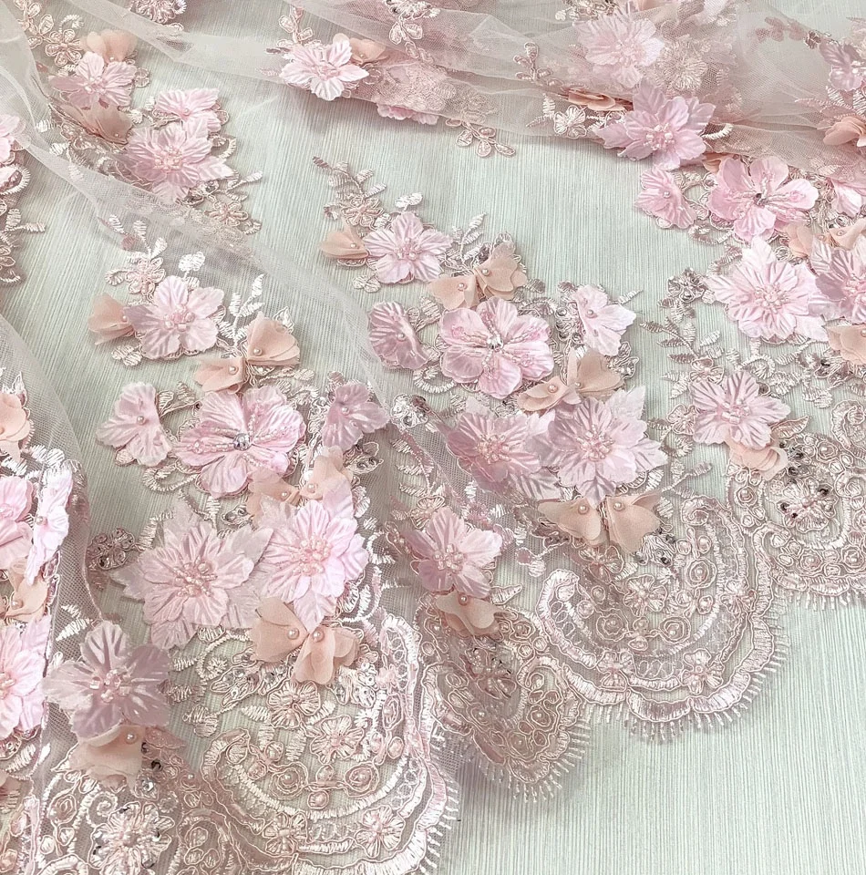 best selling high quality 3d flower beaded lace applique embroidered tulle fabric for dress or bridal, wholesale fabric textile