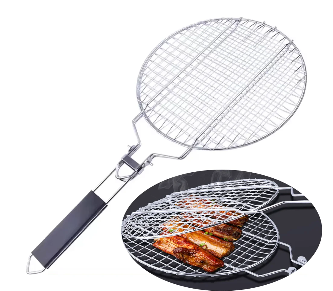 Folding Portable Stainless Steel Round BBQ Grill Basket with Removable Handle