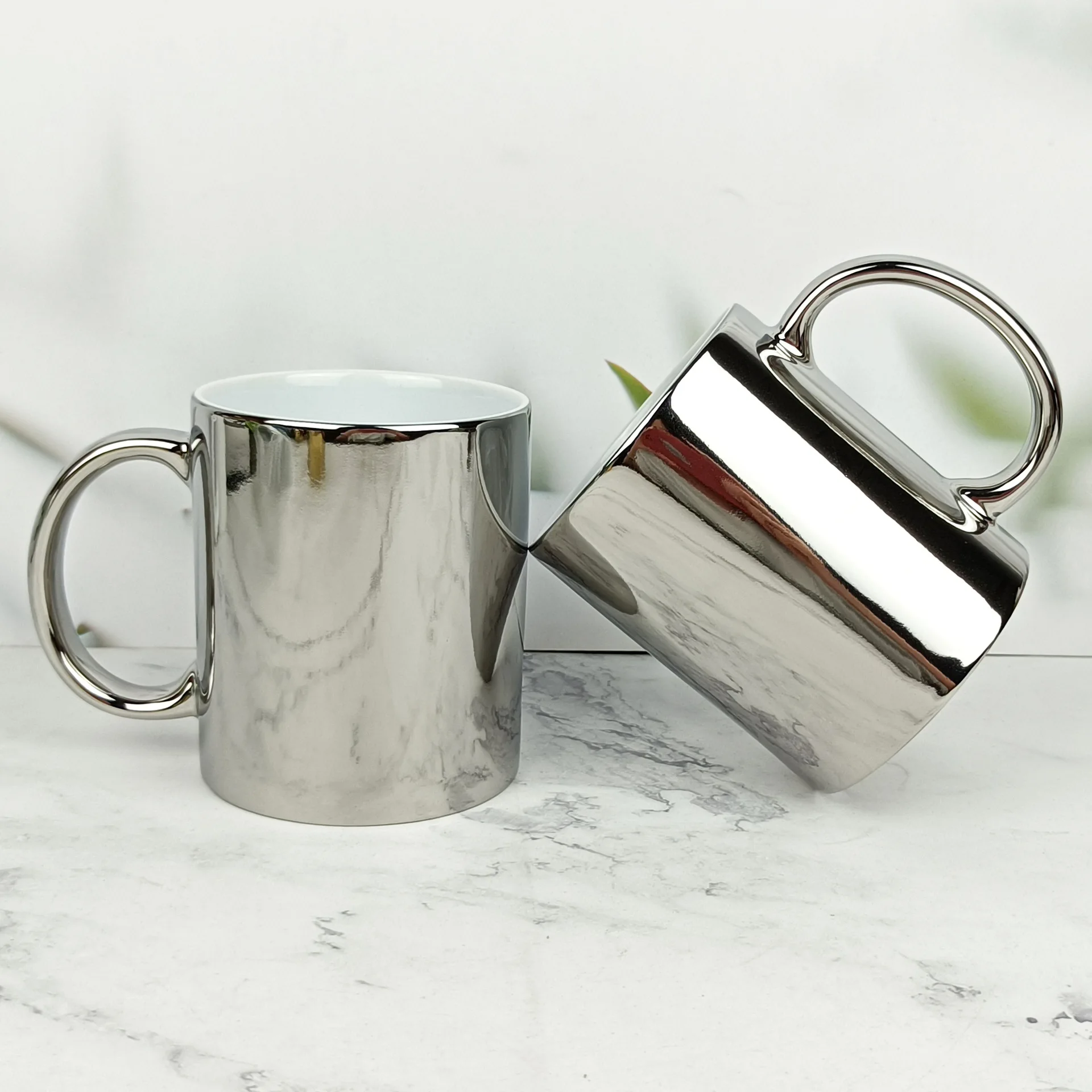 Wholesale Promotional Sliver Color Sublimation Coffee Cup Electroplated Ceramic Mugs Gifts