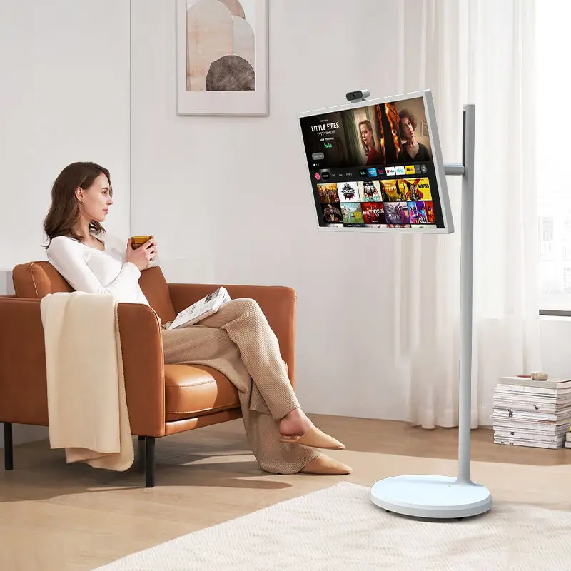 21.5 27 32 Inch Moveable Smart Tv Stand Follow By Me Touch Lcd Screen Tv Battery Powered 1080P 2K Resolution Floor Stand Kiosk