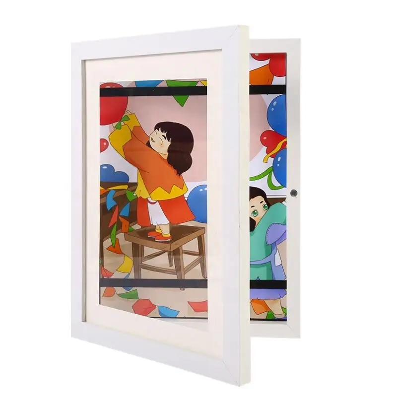 Hot Sale White Magnetic wood White Kids Artwork Picture Frame 6*8INCH Pine Children Drawing Frame Handicraft Kids Art Frames