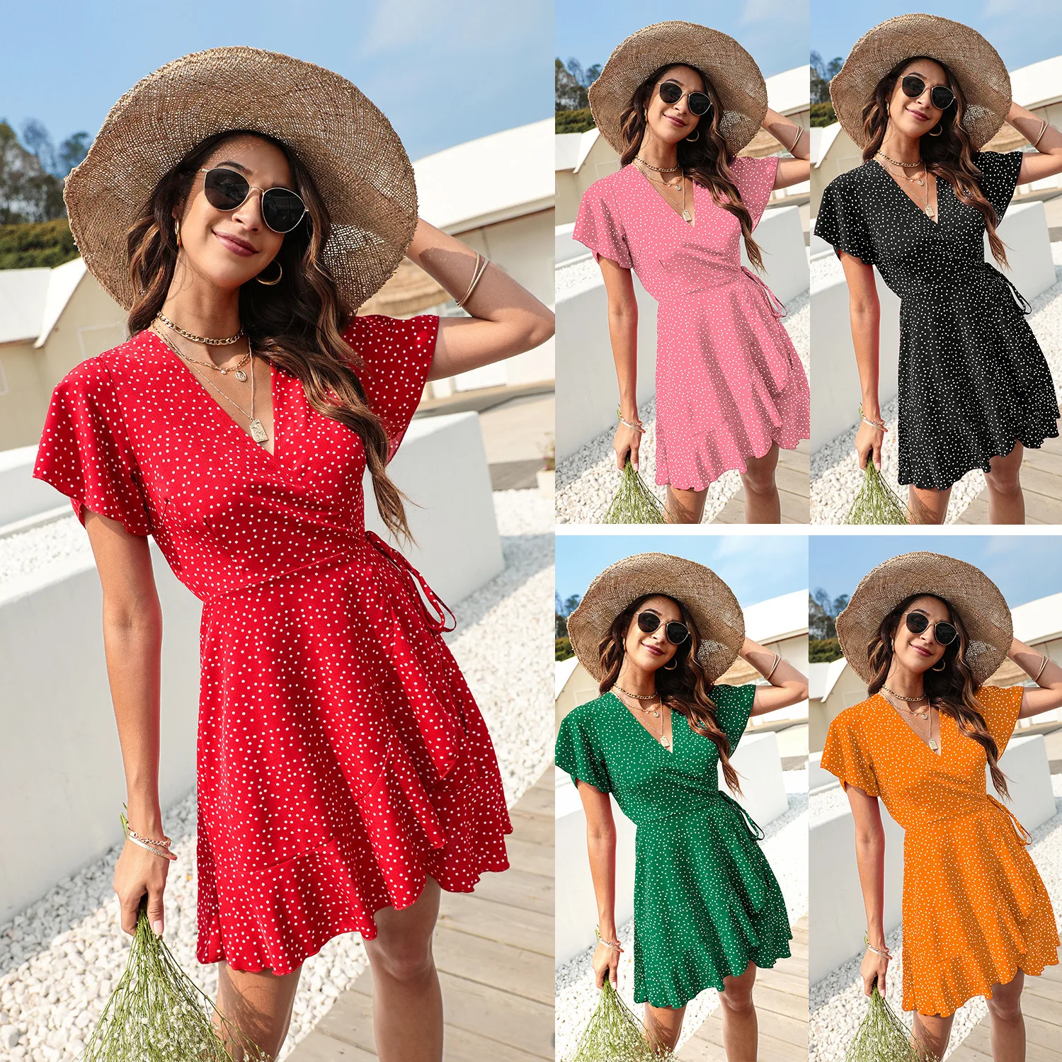 Latest Design Solid Color Women Dresses Summer Ladies Low-cut Dress V Neck Strappy Chiffon Polka Dot Print Long Dress
