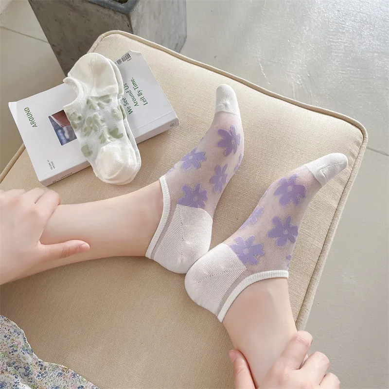 Summer Thin Fresh Floral Cotton Nylon Sheer Socks Non Slip No Show Women Socks
