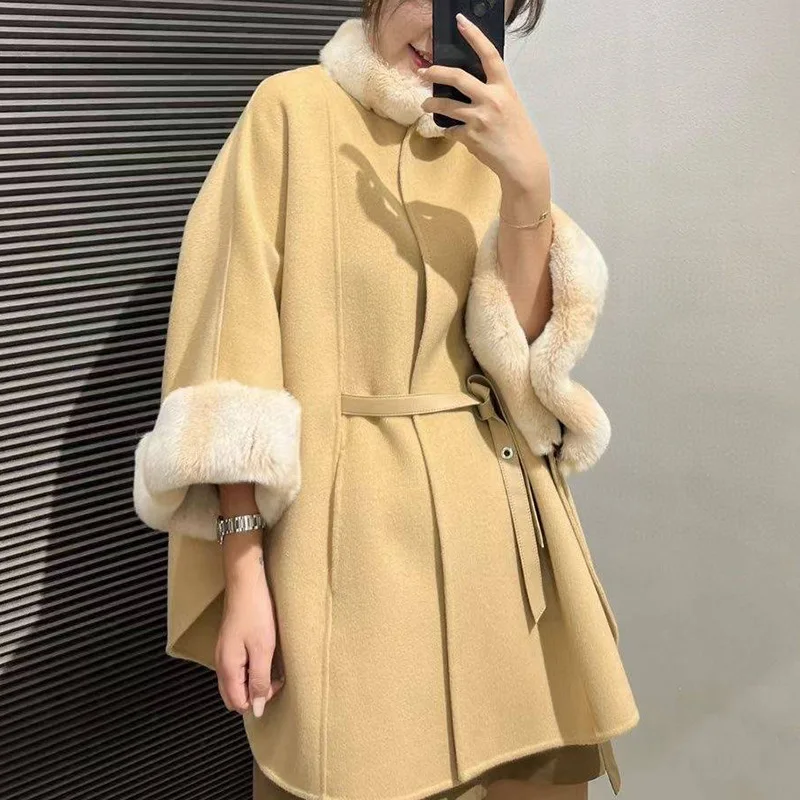 Hot Sale Chinchilla Design Fur Collar Cuffs Double Faced Cashmere Fur Poncho Women Rex Rabbit Fur Shawl