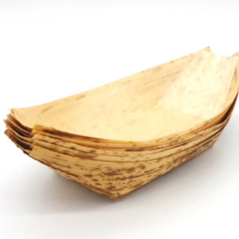 Биоразлагаемый бамбуковый лодочный лоток с листьями, одноразовый поднос для суши