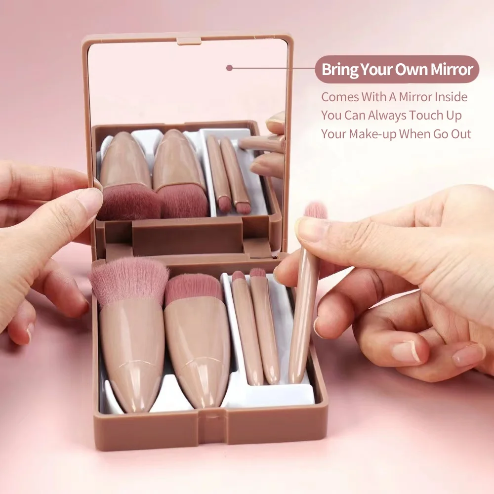 Wholesale Private Label Mirror Face Plastic Cheap Logo Portable 5pcs Small Synthetic Green Vegan Pink Travel Makeup Brush Set