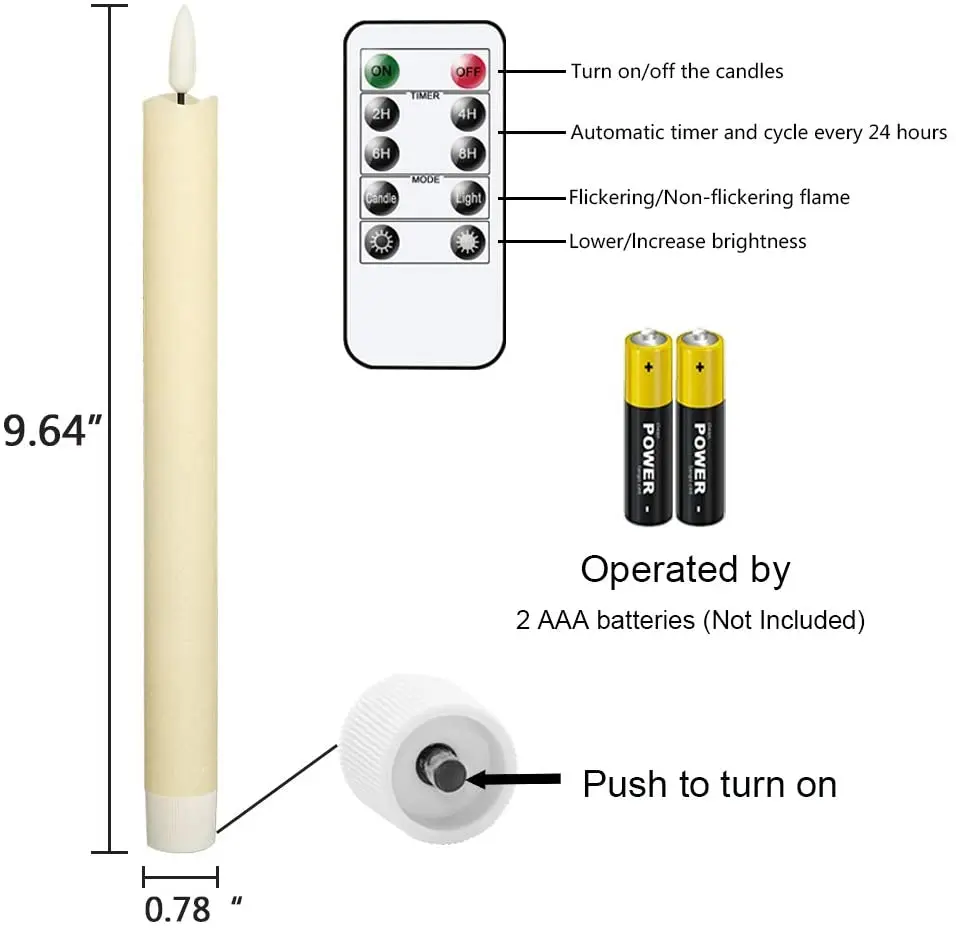 Flameless Ivory Taper Candles Flickering with 10-Key Remote, Battery Operated Led Warm 3D Wick Light Window Candles Real Wax Pac