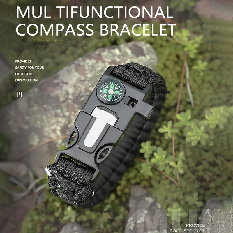 Outdoor  Emergency Bracelet Flint Fire Starter Compass  Bracelet Knife Scraper