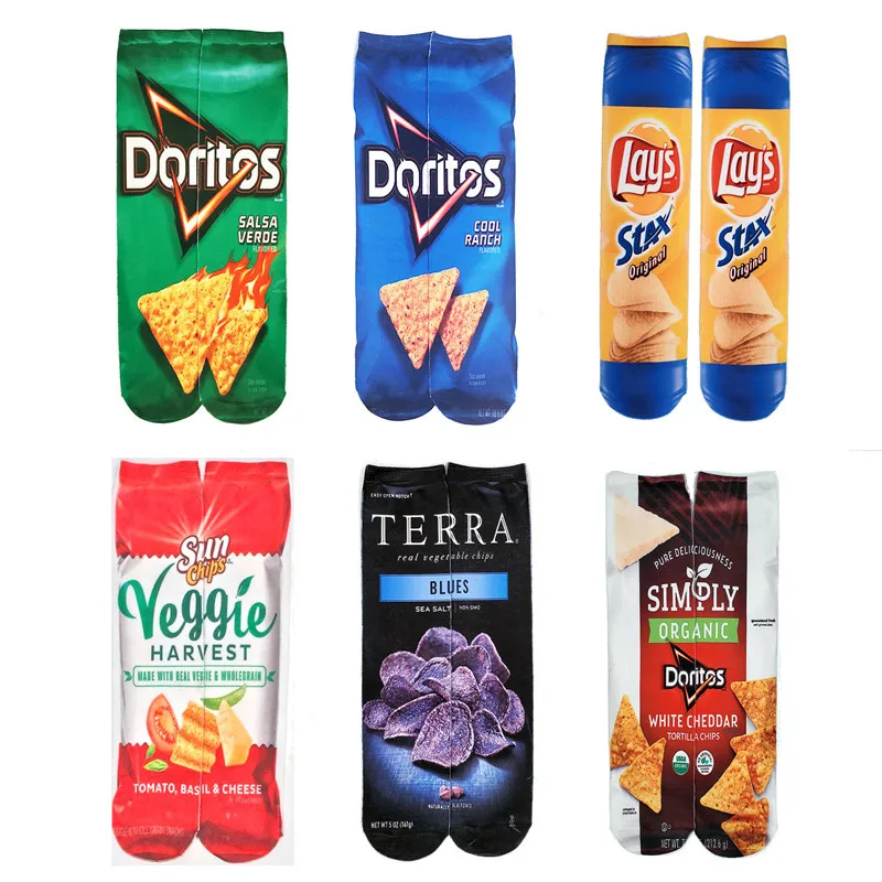 Amazon chips puffed food zero food socks middle tube heat transfer stockings socks Europe and America 3D digital printing socks