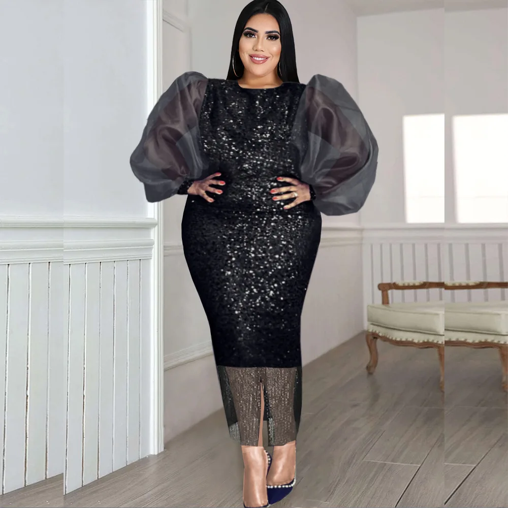 Black Party Sequin Puffy Long Sleeve 4XL Africa Lady Evening Dress