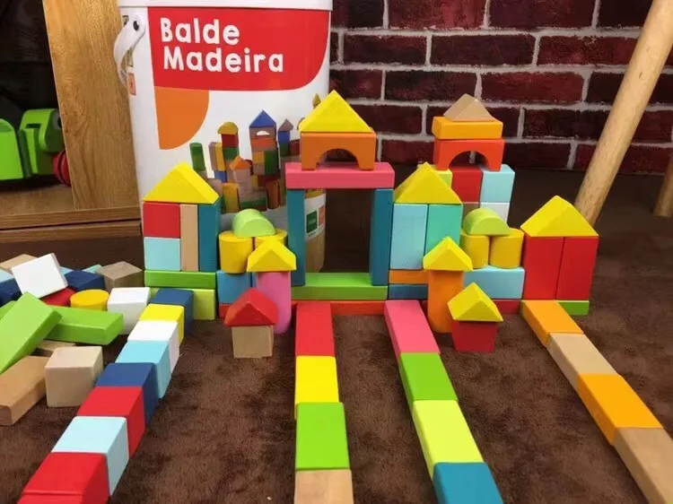 Solid Wooden Blocks Set Sorting Developmental Toys Various Colors Wooden Toys Building Blocks for Toddlers Natural 100 Pieces Ce