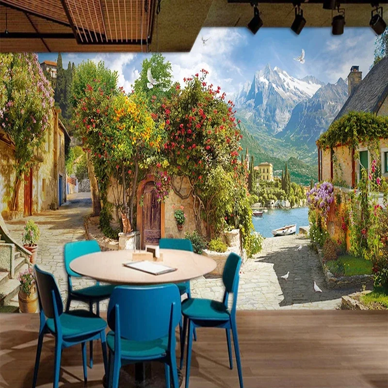 KOMNNI Custom 3d Poster Wallpaper Retro European Small Town Large Landscape Mural Coffee Shop Restaurant Background Wall Mural