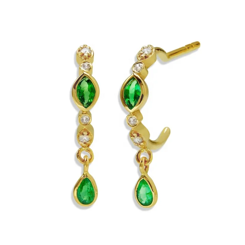 YINJU 925 Sterling Silver Dainty Classic Emerald Marquise Colored Sapphire Drop Open Hoop Earring