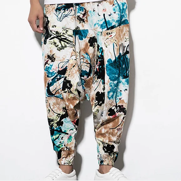 Pants Men Casual  hip hop Streetwear Cotton Linen Printing Patchwork Long Cargo Pants