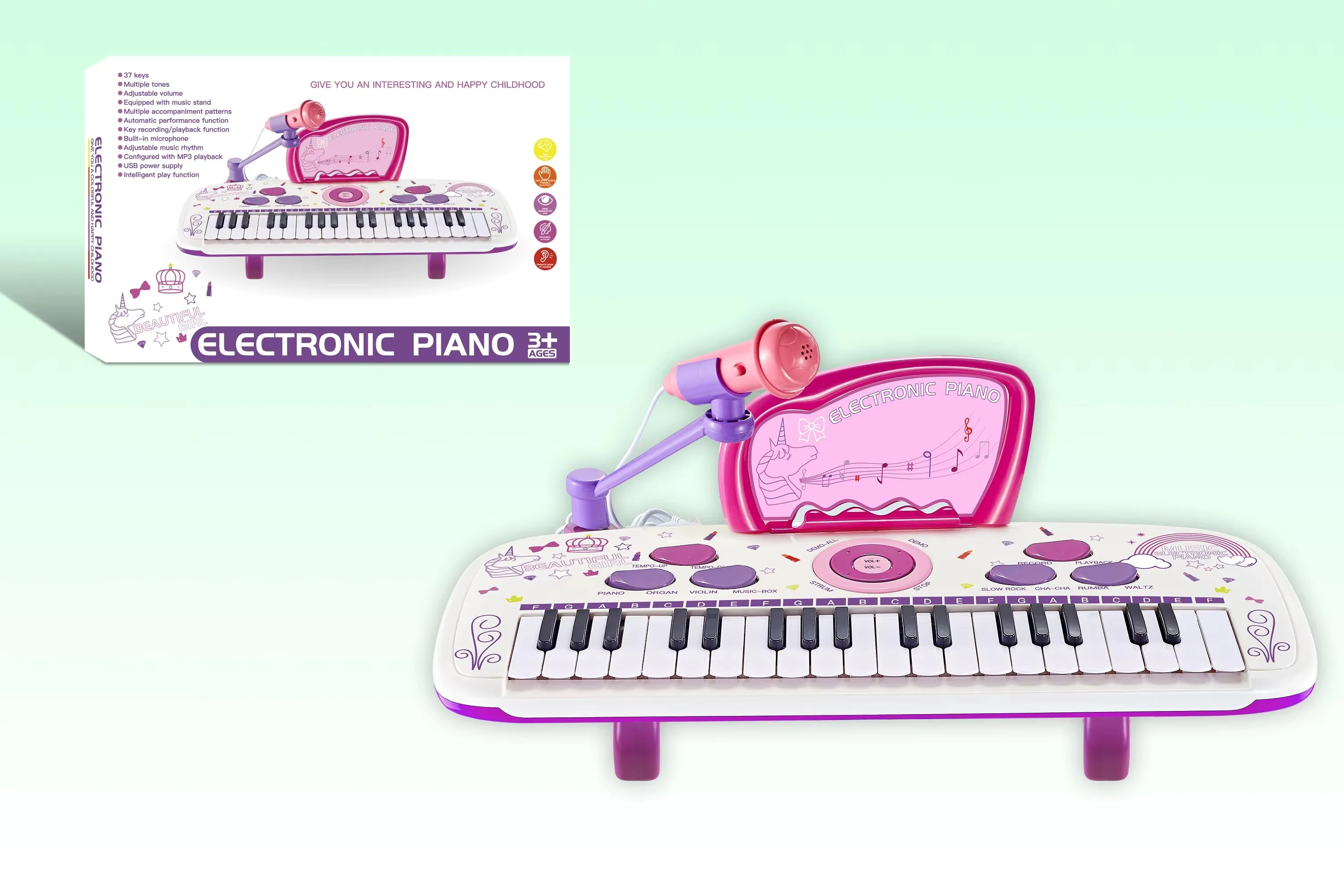 ABS material microphone amplification MP3 function sequence play song recording 37-key purple electronic organ set for kids