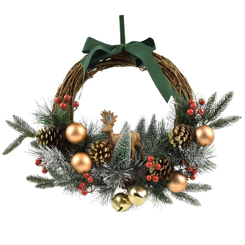 Elk Rattan Wall Hanging for Winter Christmas Pine Needle Wreath Door Decoration for Hotels Shops Indoor Window Wall Display