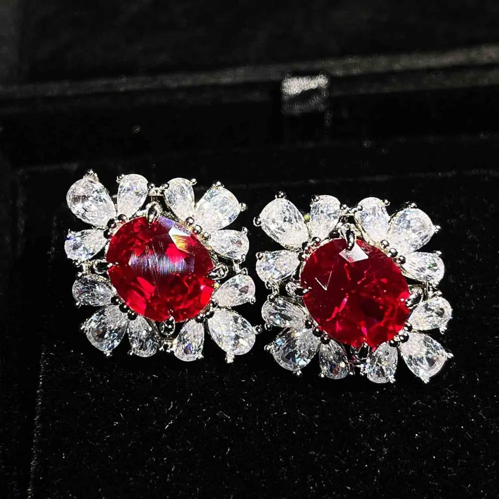 High Jewelry Custom Full Diamond Red Corundum Ring Earrings Pendant Necklace Colorful Treasure Set for Woman