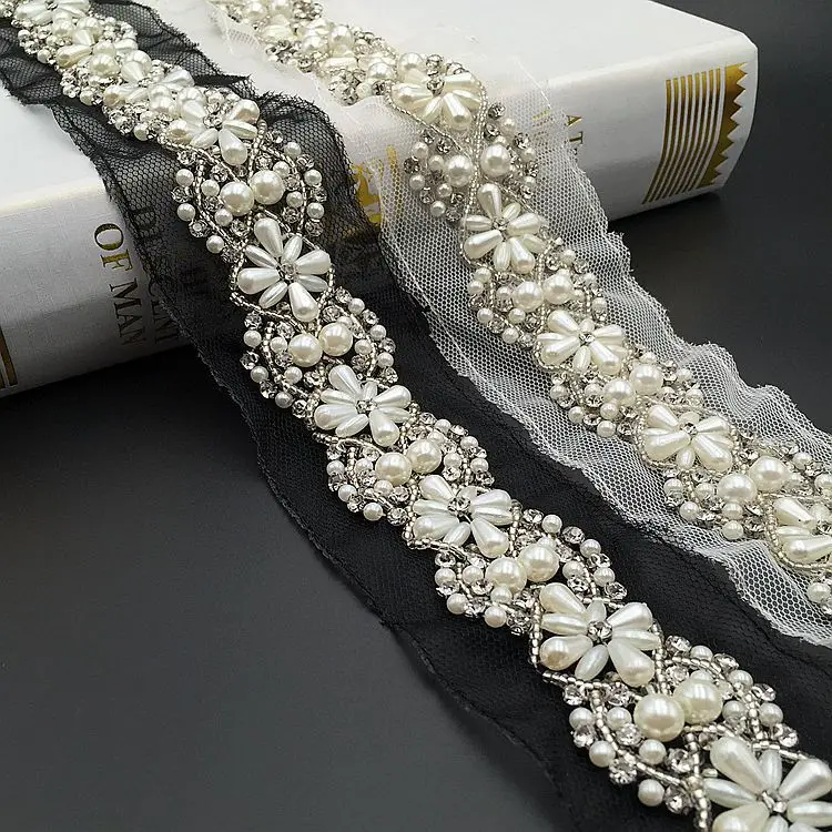 
GUGUTREE Pearl Beaded Lace Edge Trim,beads laces trim Ribbon,Bridal Dress Tassel DIY braid accessory appliques,KZ-2032580 