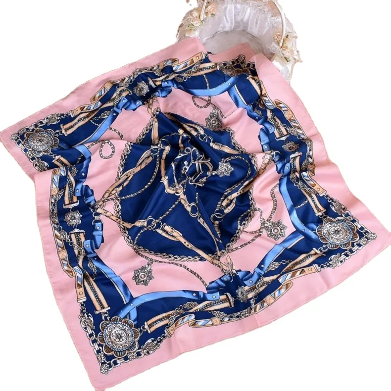 Custom logo made women beautiful printed 70X70  square silky twill satin hijabs scarf