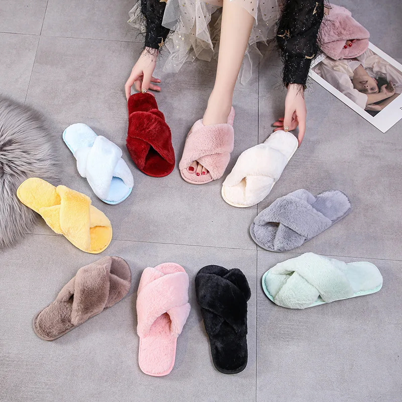 Sayoung artificial rabbit fur open toe slippers for women indoor home outdoor fashion candy rainbow color flush warm slippers