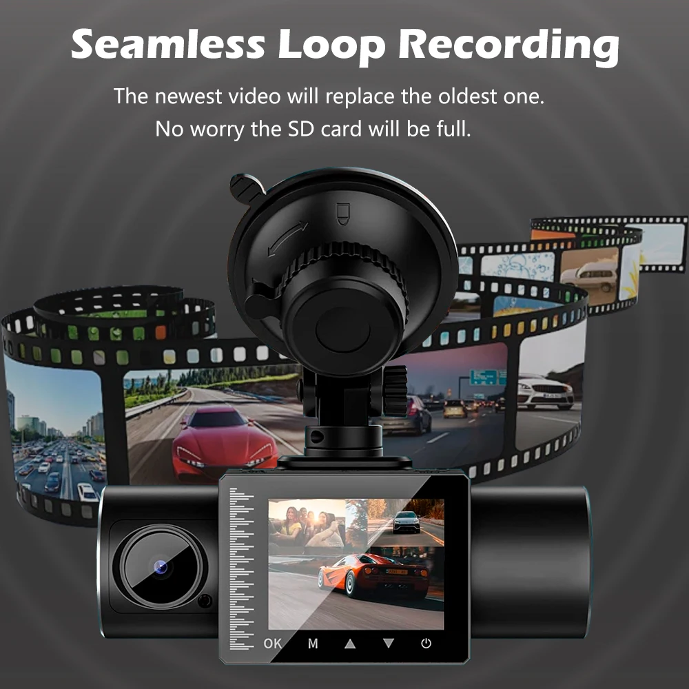 Dash Cam Front Rear Cabin Car Camera 1080P Full HD 3 Ways Camera IPS Screen Car Driving Recorder Video with WDR Night Vision