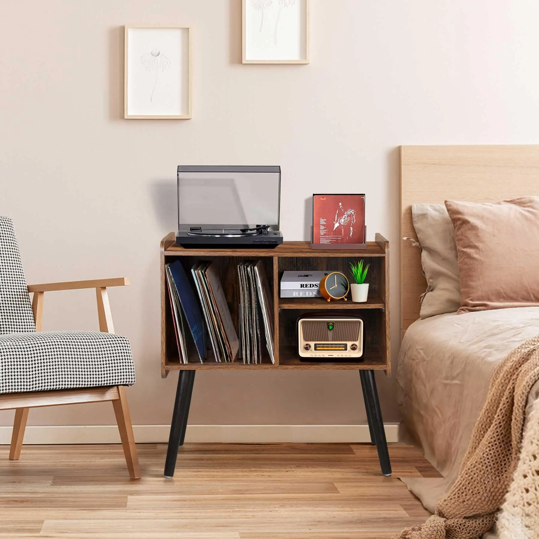 Wooden Record Player Stand Vinyl Record Storage Holder Table with 4 Cabinets Metal Vinyl Record Organizer Stand