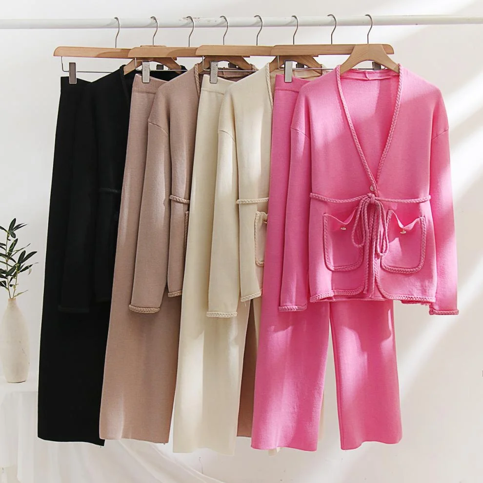 2023 Cardigan sweater two-piece set of solid color casual coat woven belt   women set