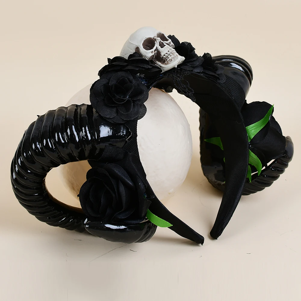 Skull Black Flower Studded Devil Horn Ram Demon Goat Claw Costume Fashion Headband Antlers Cosplay Female Sheep Headdress Gothic