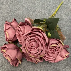 Wholesale Hot Sale Artificial Silk Dusty Rust Rose Flowers 7 heads For Wedding Decor Pink Autumn Color
