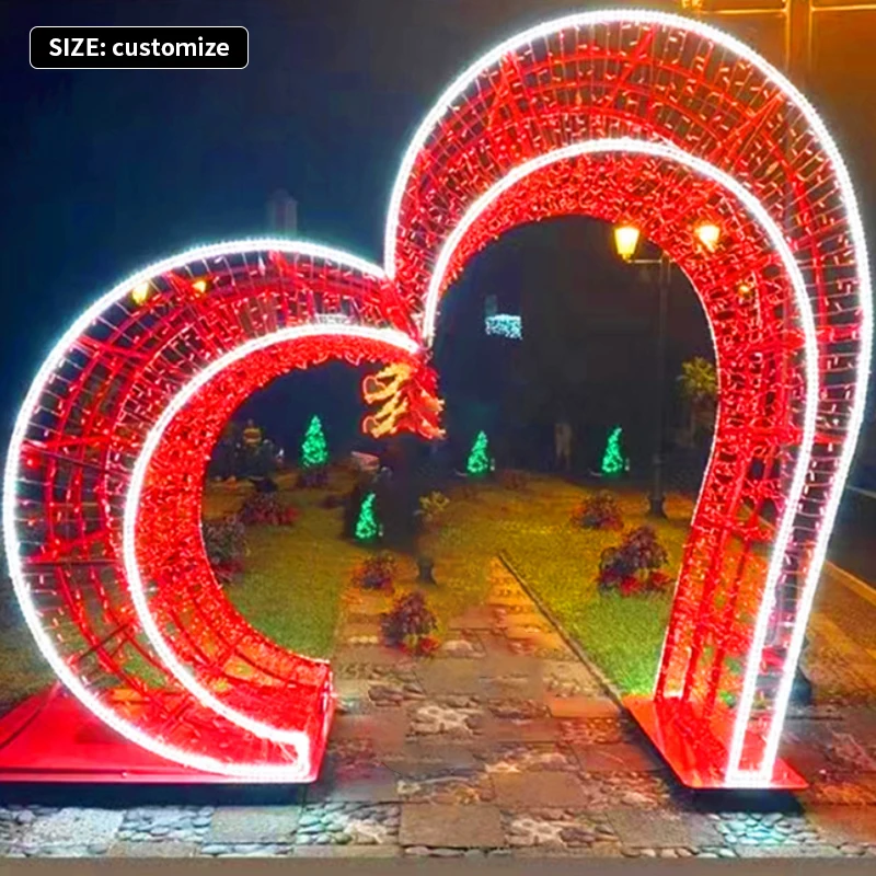 Custom Design Outdoor 3D Led Christmas Heart-shaped Arch Lighting Tunnel Exterior Winter Wonderland Christmas Motif Light