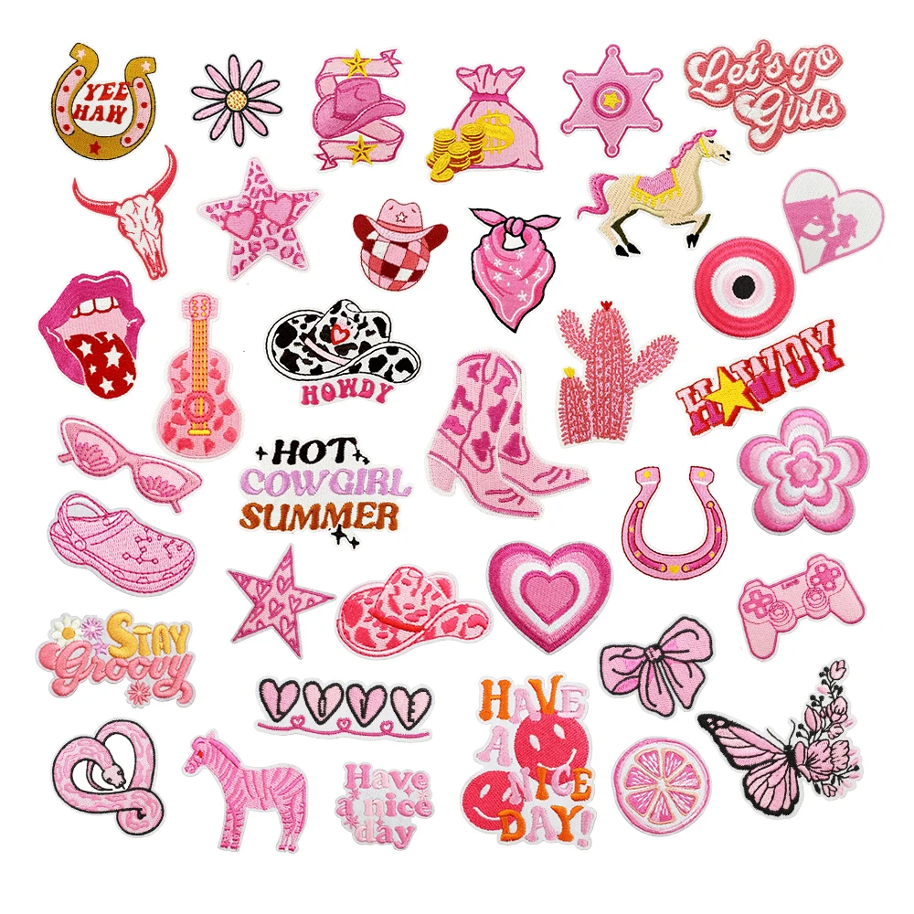 cute pink western cowgirl cowboy theme iron on embroidery hat bag clothes decoration patches