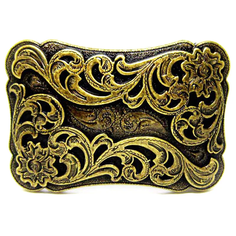 Wholesale Cowboy Flower Pattern Embossed Tang Grass Style Antique Heavy Floral Solid Brass Belt Buckles