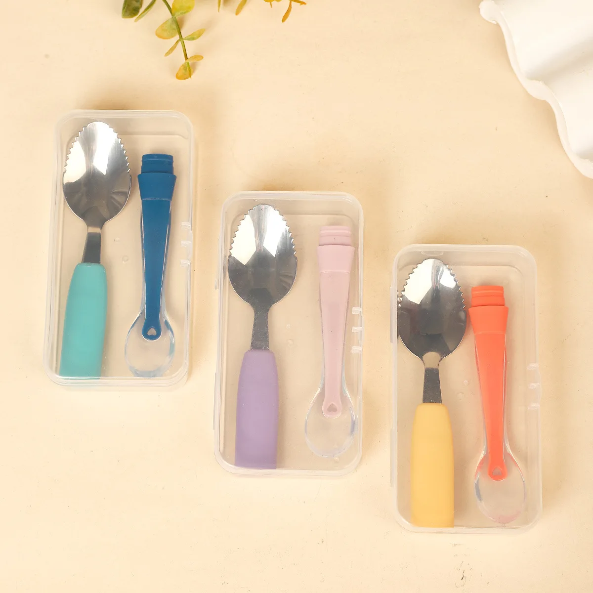 Food Grade Silicone Double Headed Puree Spoon Baby Scraper Stainless Steel Silicone Soft Spoon