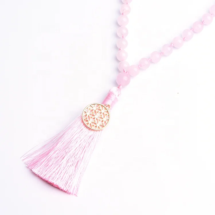 Fashion Natural Rose Quartz 108 Mala Prayer beads BeadedJewelry Gold Plated Heart Pendant Necklace Jewelry for women