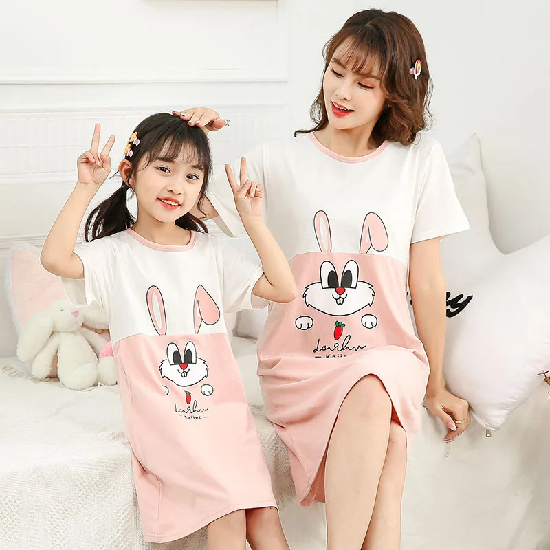 Cute Cartoon Cotton Sleepwear Family Matching Clothes Girl Nightgown Mom and