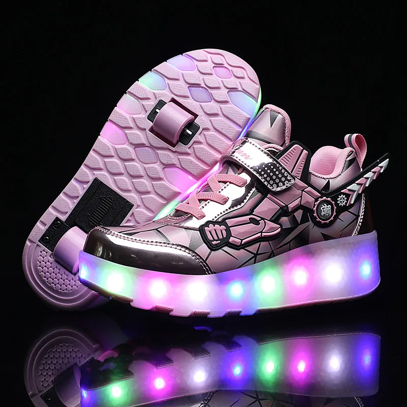 2023 LED Light Up USB Charge Retractable 2 Wheel Roller Shoes Fashion Unisex Wheel Shoes Kids Flashing Roller Skate Sneakers