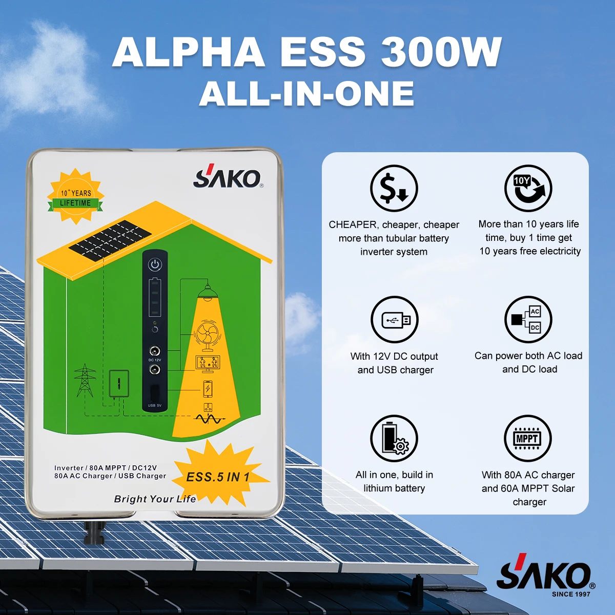 Sako Alpha ESS All-In-One 300W 500W 1Kwh 2Kwh Energy System For House Hybrid Kit Off Grid Generator School Home Complete Solar