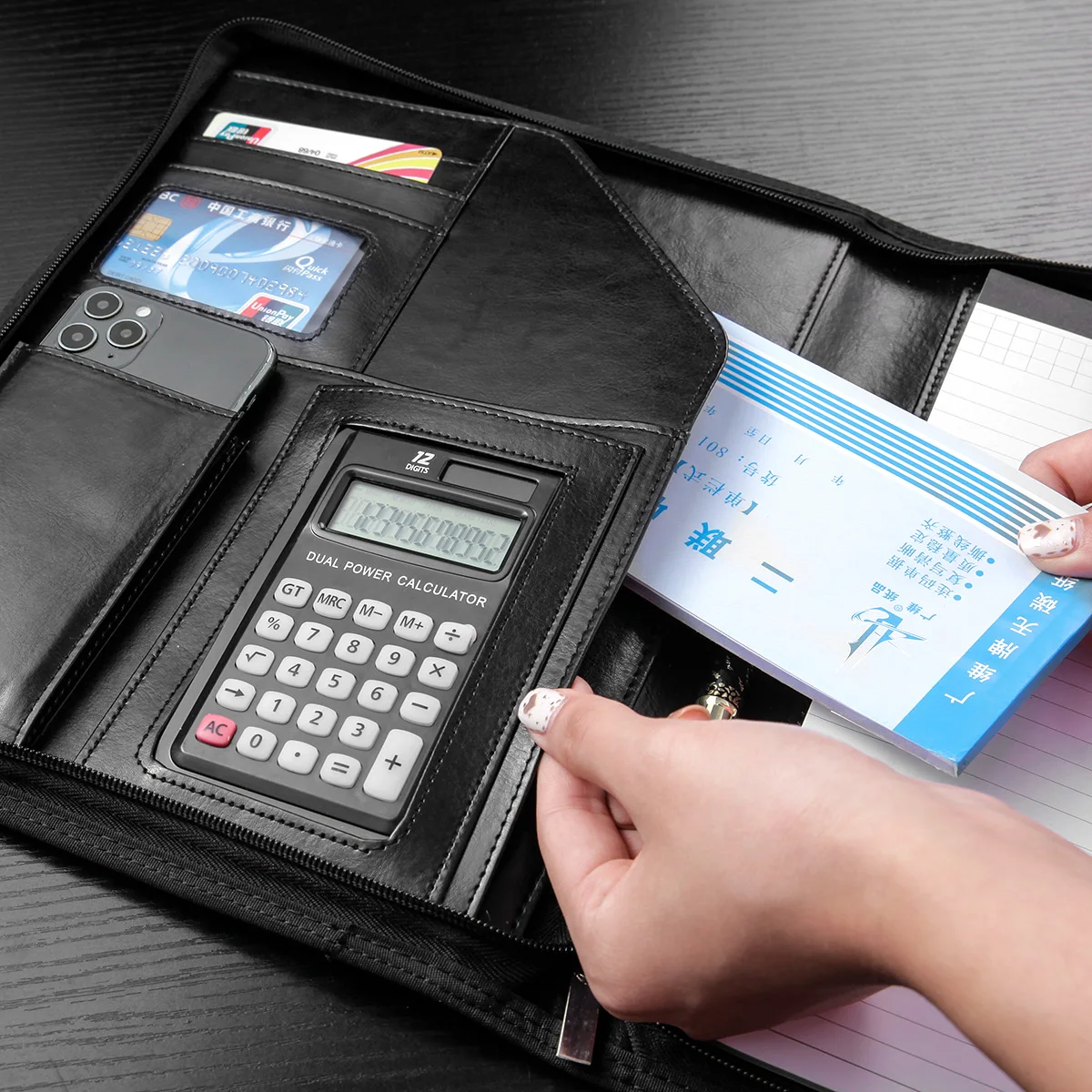 Metal Clipboard Phone Pouch File Folder PU Leather Portfolio Professional Interview Pad folio with Calculator and Memo