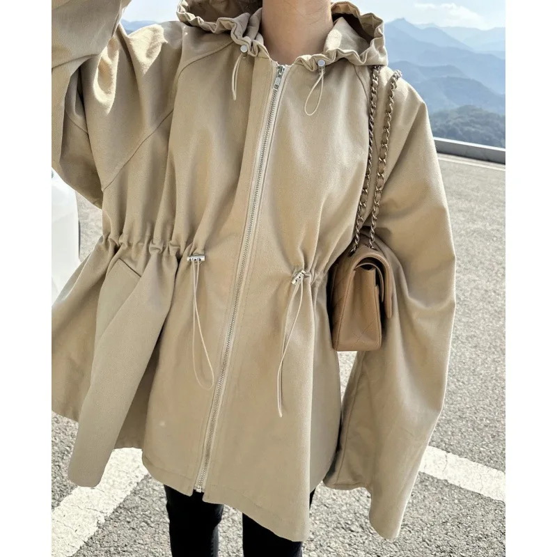 pull rope waist thin with long sleeve zipper trench coat