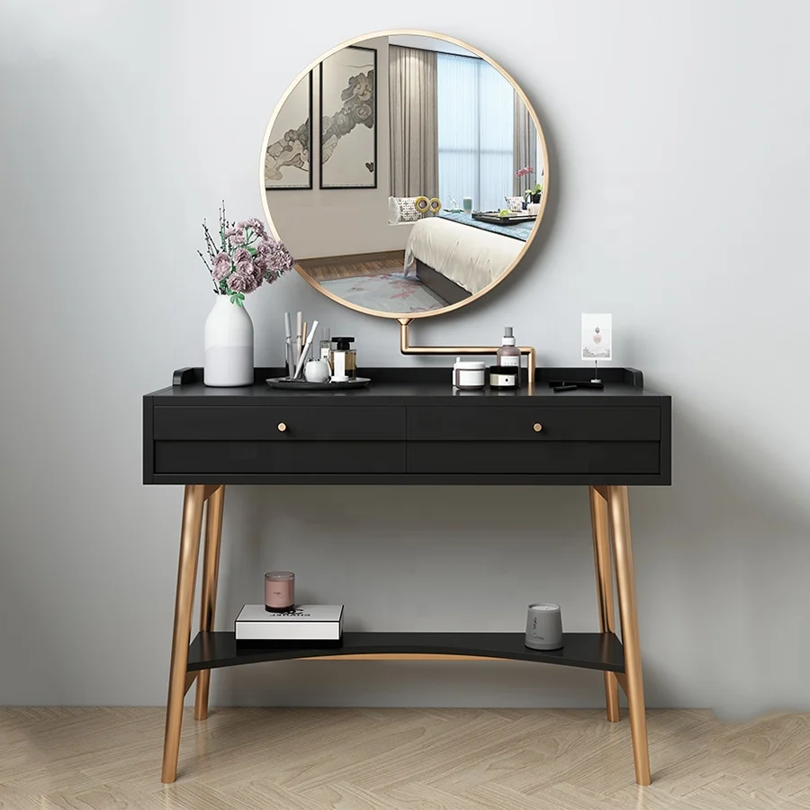 Hot Selling Modern Black Dresser Dressing Table LED Lighted Mirror 2 Sliding Drawers Makeup Vanity Dressing Table For Bedroom