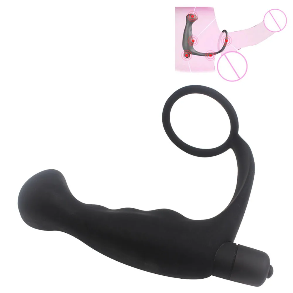 Silicone Anal Butt Plug Vibrator Prostate Massager with Penis Ring Adult Sex Toy for man Gay Masturbator with bullet vibrator