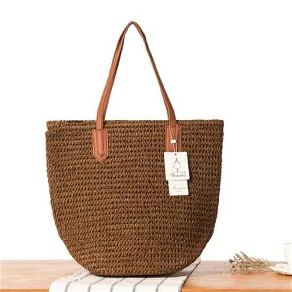 Custom Logo Wholesale Bulk Straw Bag Beach Straw Tote Bag With PU Handle